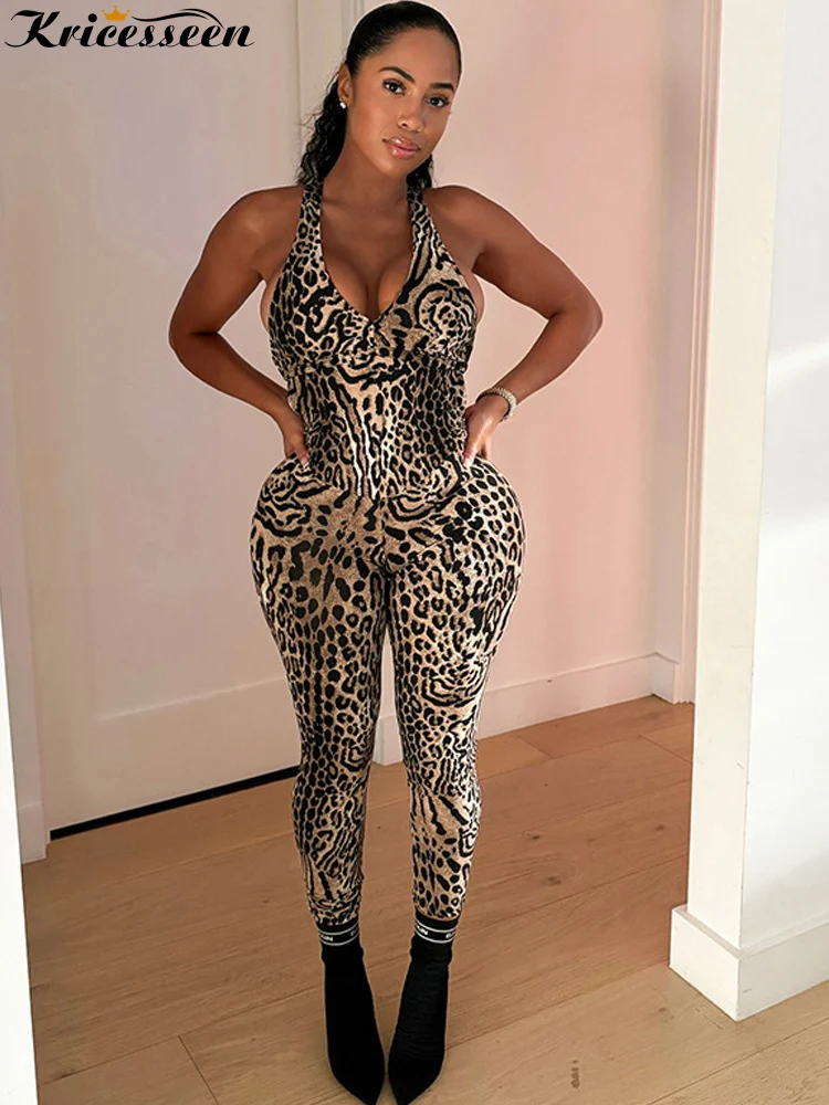 

Kricesseen сексуальный комбинезон с лямкой на шее и леопардовым принтом, женский облегающий комбинезон без рукавов с глубоким v-образным вырезом, клубный комбинезон, цельный комбинезон, комбинезон