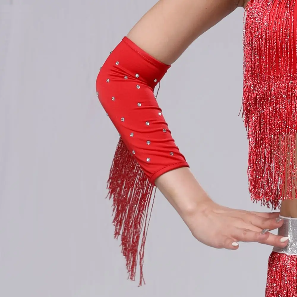 Performance Stage Latin Dance Fringed Sleeves Flash Solid Color Women's Arm Sleeves Drilling Rhinestone Latin Dance Costumes