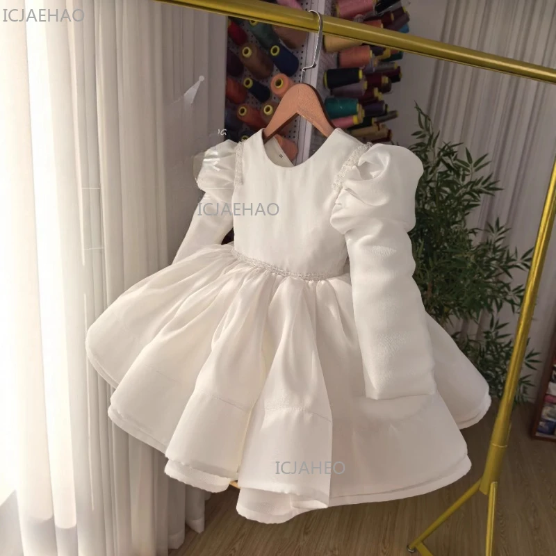 White Long Sleeve Princess Dress Girls Cute Gown Fashion Kids Party Elegant Birthday Outfit Children Flower Girl Formal Wear