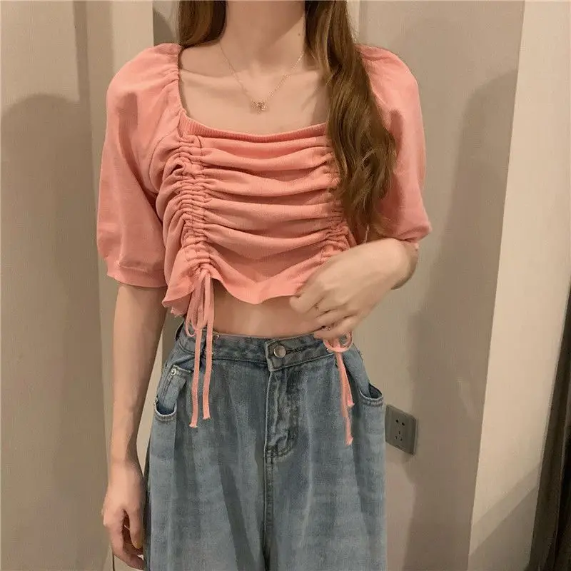 Summer New Drawstring Pleated Short Tops Short Sleeve Solid Color Loose All-match Sexy T Shirts Sweet Fashion Women Clothing