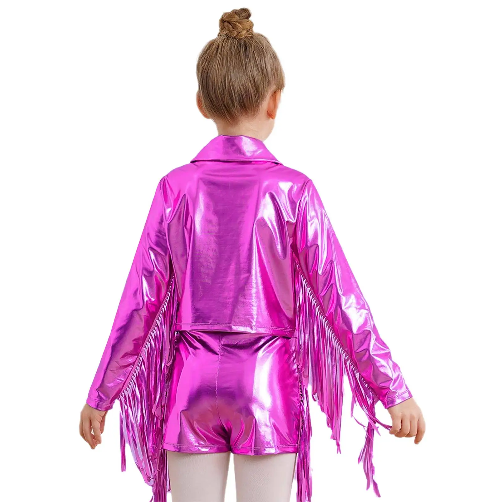 Kids Girls Turn-down Collar Tassel Jacket Vest Pants 3Pcs Metallic Outfit Modern Hip Hop Jazz Dance Stage Performance Costume