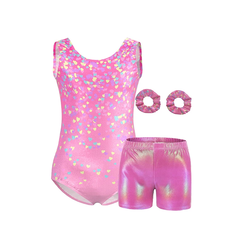 

Гимнастические трико для девочек с блестящим узором в форме сердца, майка без рукавов, байкеты, спортивная одежда с шортами и повязкой на голову