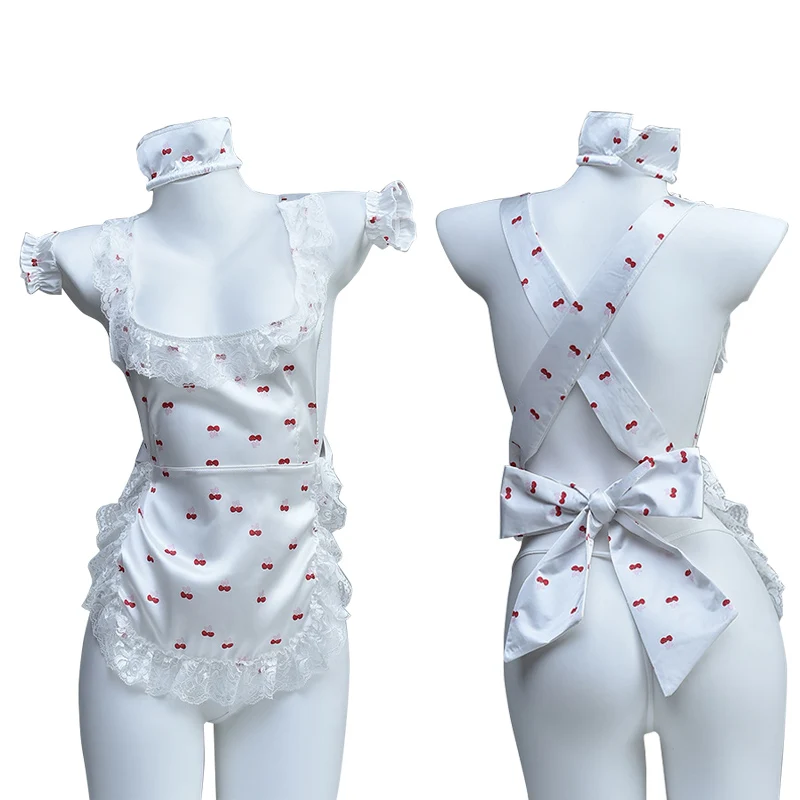 

Naughty Lolita Dress Maid Uniform Printed Cherry Bow Kawaii Maid Apron Pajamas Lingerie Cosplay Cafe Princess Dress