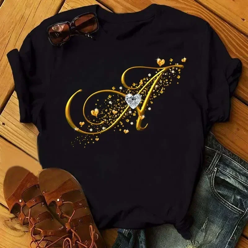 Custom Name Letter Combination Fashion Women T-shirt Diamond Gold Letter Font A B C D E F G Short Sleeve Tops Black T-shirt
