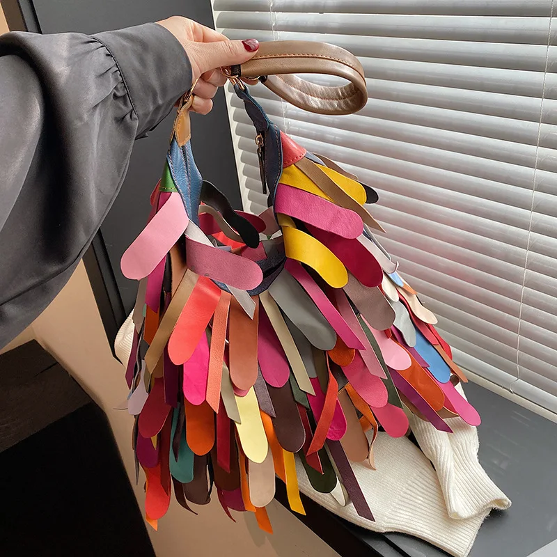 

2025 hot sale Women Natural Cow Hobo Handbags Boho Style Retro Tassel Colorful Genuine Leather Patchwork Large Shoulder Cro