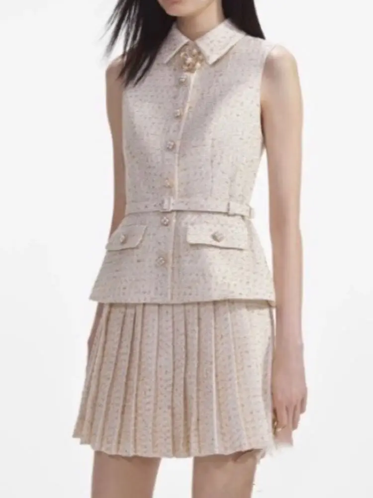 

Women Tweed Dress Pearl Buttons Turn-down Collar Sleeveless Elegant Summer 2024 Mini Robe