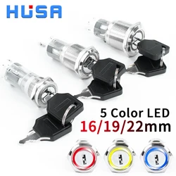 Interruptor de botão giratório de metal com chave, Auto-Reset de bloqueio automático, Tipo de retenção, LED, Não, NC, LIGADO, DESLIGADO, 5 cores, 16mm, 19mm, 22mm