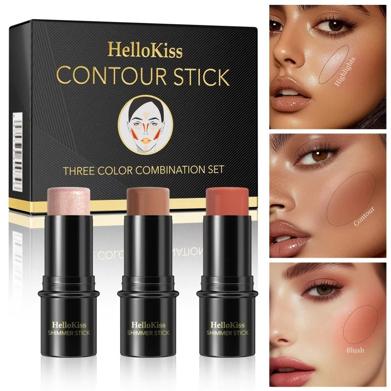3pcs Set of Contour Stick, Highlight Stick, Blush Stick, Shapes the Face Contour, Non-Greasy, Waterproof Cosmetics