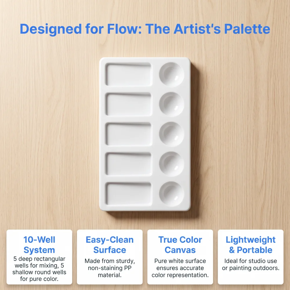 10-Well Plastic Paint Palette, Professional Mixing Tray for Watercolor Acrylic Oil & Gouache, Art Supplies for Students, Artists