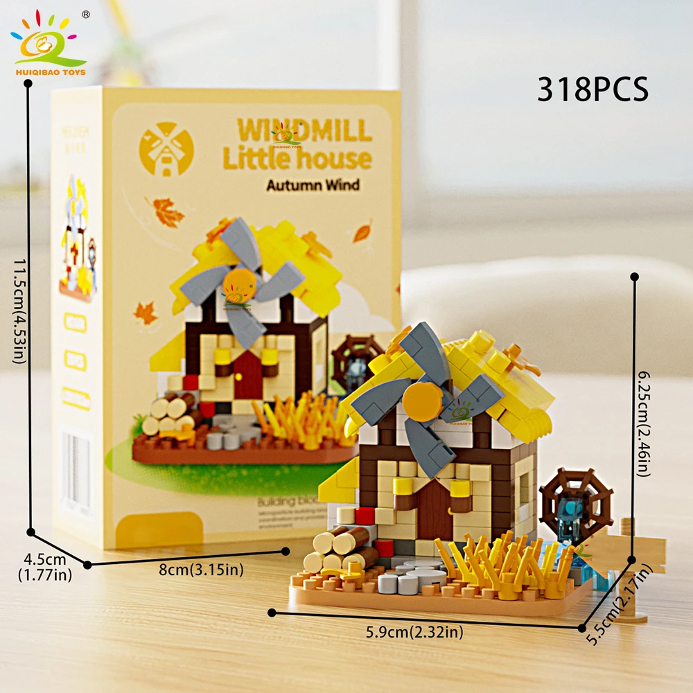 HUIQIBAO mignon MOC moulin à vent maison modèle Micro bloc de construction vue sur la rue modèle Mini brique jouet pour enfants bureau décoration de la maison