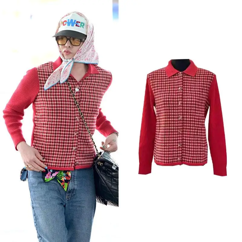 Latest Korean G-Dragon Same Style Power Clothes Red Splicing Thousand Bird Grid Small Fragrant Style Knitted Sweater Jacket Top