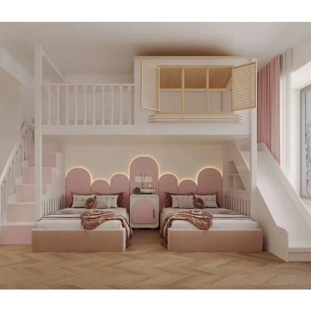 Eibele personalizado princesa crianças camas menina beliche crianças conjunto de cama móveis para meninas rosa quarto móveis com escada armário