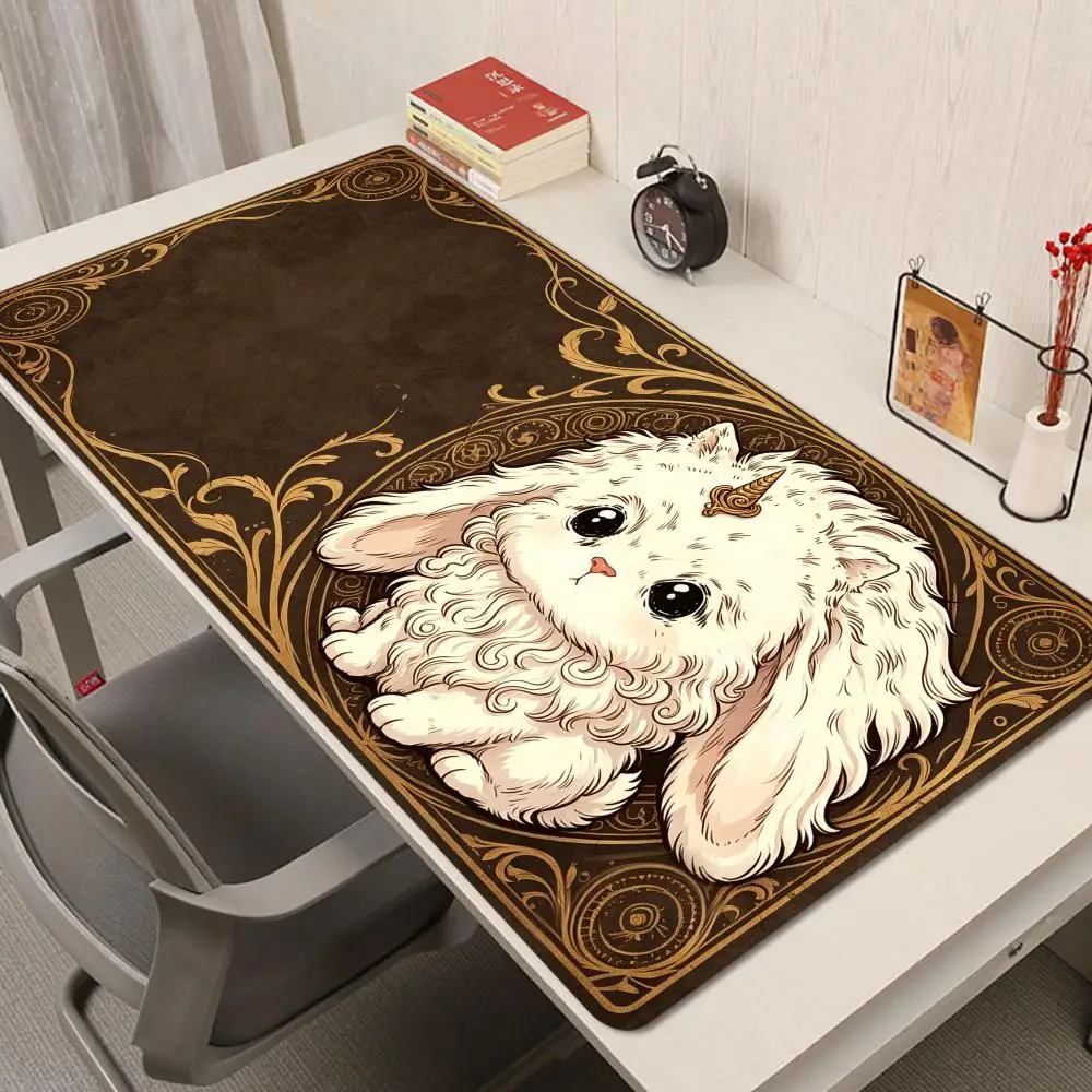 Beige-brown split gilded leaf frame fluffy lamb playmat vintage storybook aesthetic desk pad