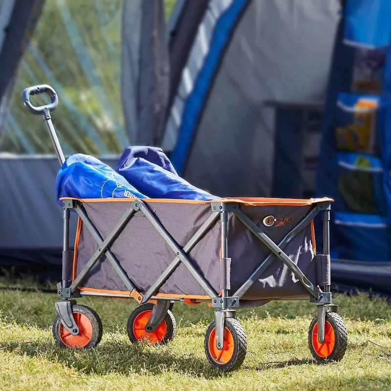 Collapsible Folding Wagon, Push Pull Foldable Beach Wagon Cart with All-Terrain Wheels, Utility Grocery Wagon, Holds 225 lbs