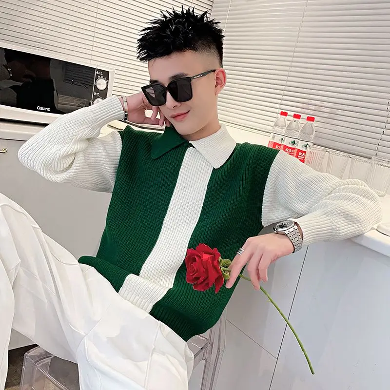 Autumn Winter KPOP Fashion Style Harajuku Slim Fit Knitwear Loose Casual All Match Tops Insert Lapel Contrasting Colors Sweaters