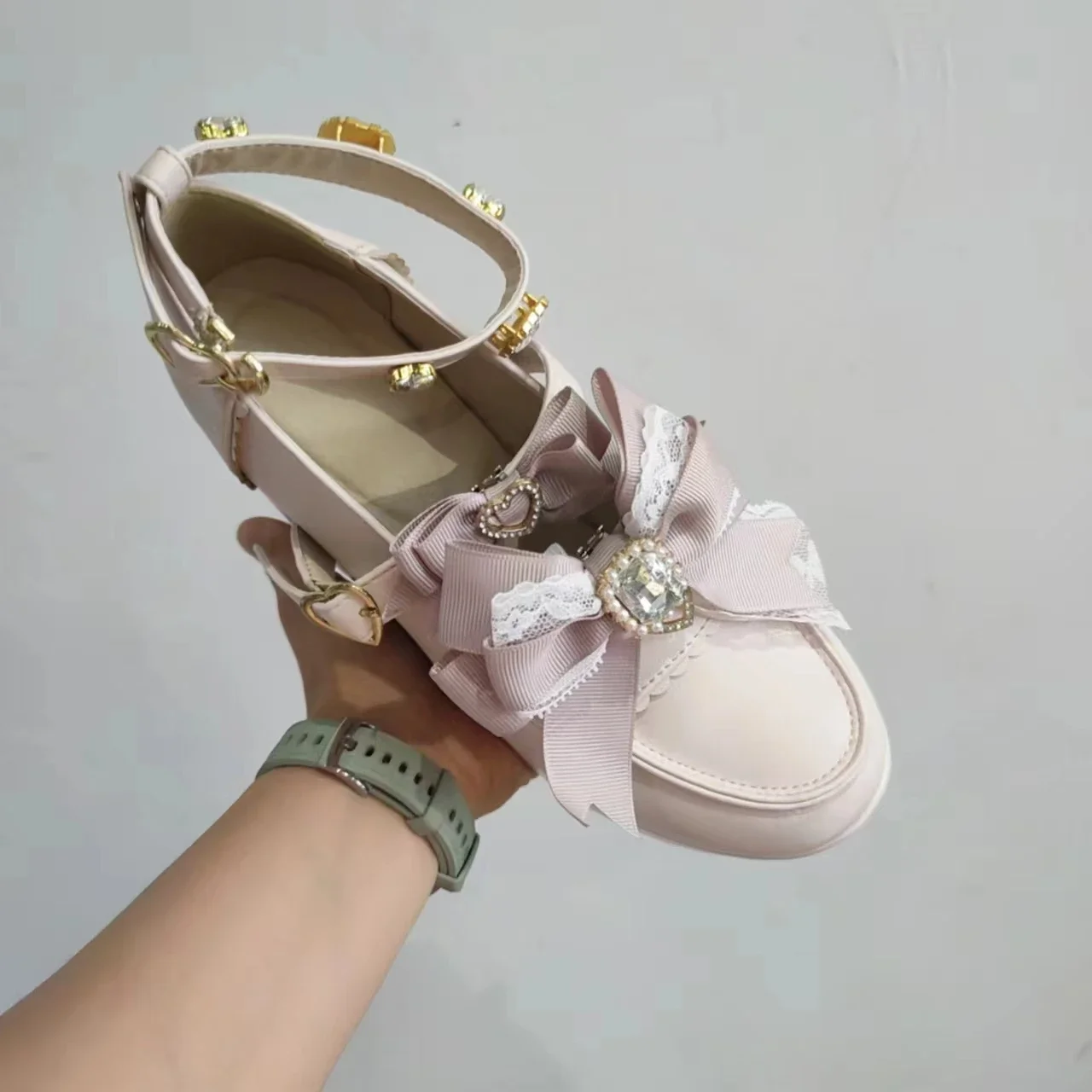 Liz Mine Japanese Retro Lolita High Heels Womens Spring and Autumn Fashion Rhinestone Love Bow Platform Heels Mary Jane Shoes