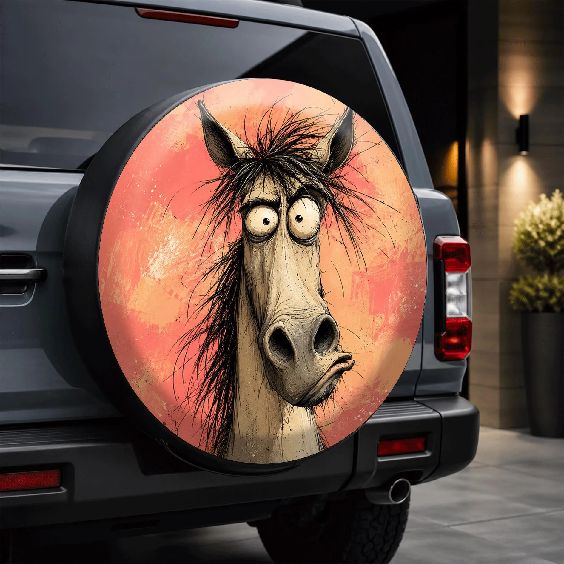 Cartoon Funny Horse Printed Spare Tire Cover Universal Wheel Protector for SUV Jeep Truck Easy Install