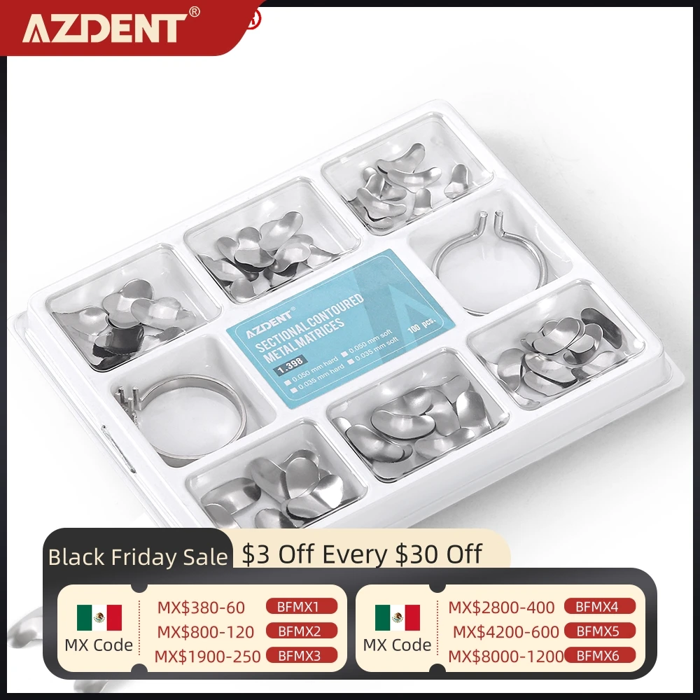 AZDENT 100Pcs Full Kit Dental Matrix Sectional Contoured Metal Matrices 40 Pcs Silicone Add-On Wedges Contoured with Metal Plier