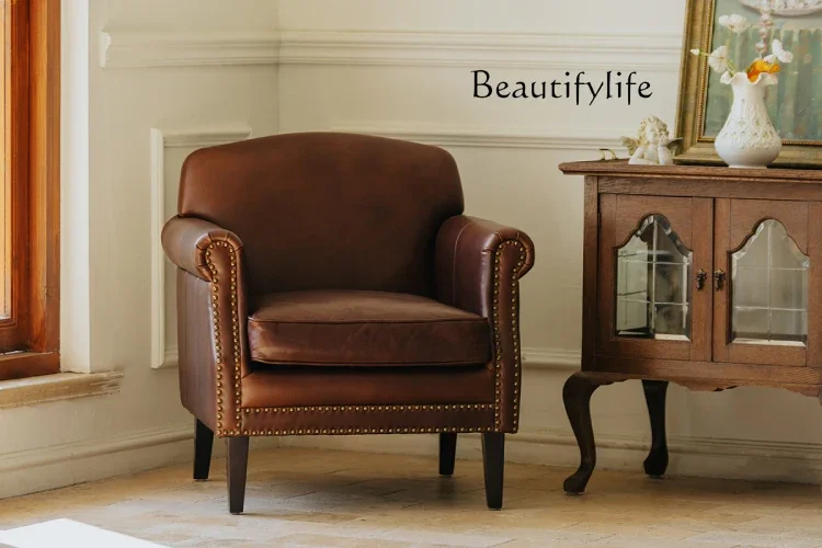 

VN Modern retro living room home oil wax leather leisure chair medieval living room American single chair