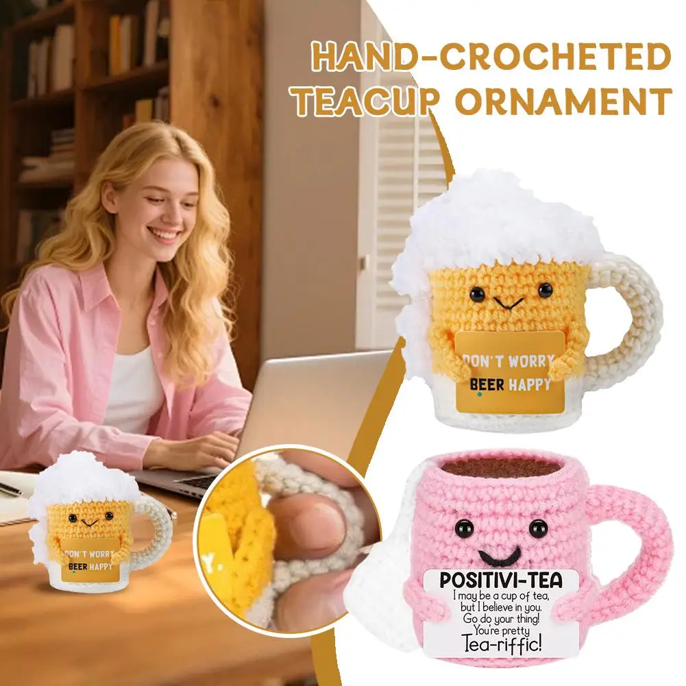 Hand-Crocheted Tea Cup Ornament Pink Positive Teacup Yellow Don't Worry Beer Happy Energy Cute Coffee Tea Cup Friendship Gifts