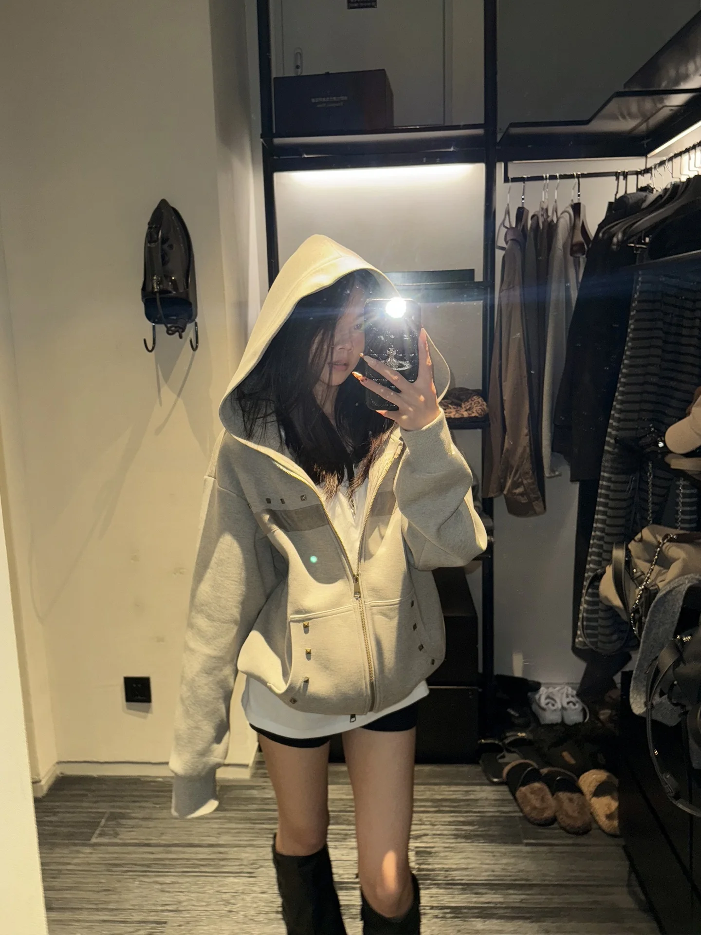 

YOLO OP ey Design Sense Rivet Loose Women's Sweatirt Jaet Casual Versatile Open Cardigan Top Faionable Streetwear