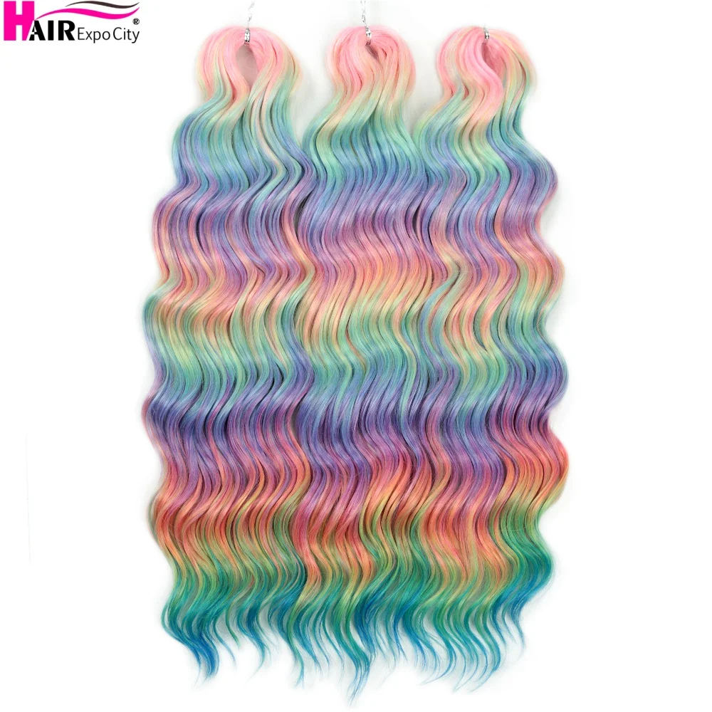 Anna Hair 3Pcs 300g Ocean Wave Synthetic Braiding Hair Ombre Rainbow Color Deep Wavy Twist Crochet Braids Extension