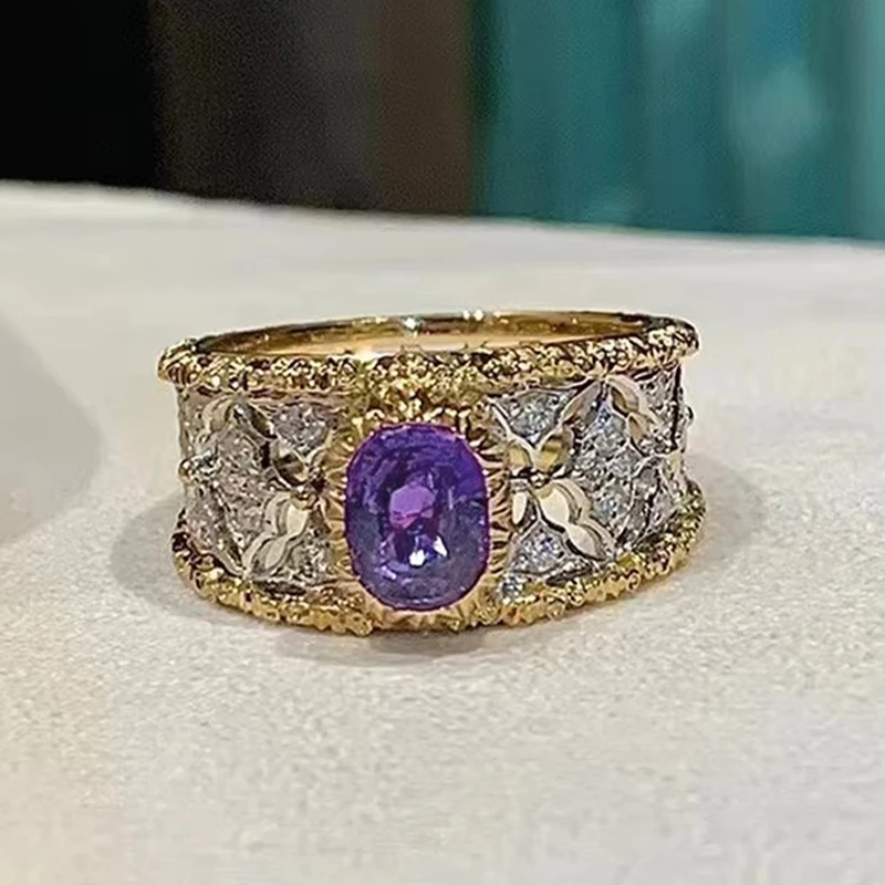Huitan Brilliant Elegant Purple CZ Rings for Women Hollow-out Pattern Two-tone Finger Accessories Noble Opulent Wedding Jewelry
