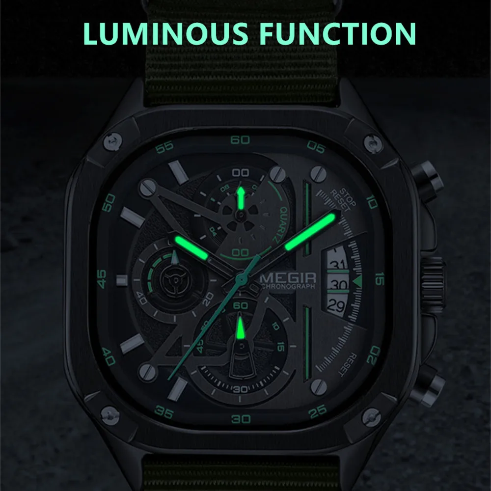 MEGIR Men's Watch Orange Canvas Strap Sports Wristwatch Chronograph Luminous Calendar Quartz Watches Clock Montre Homme 2217