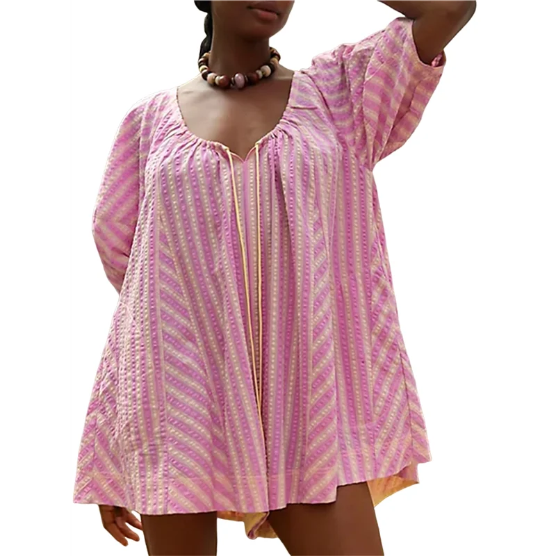 A09P – barboteuse surdimensionnée à rayures pour femmes, combinaison short, vêtements de plage et de vacances avec poches