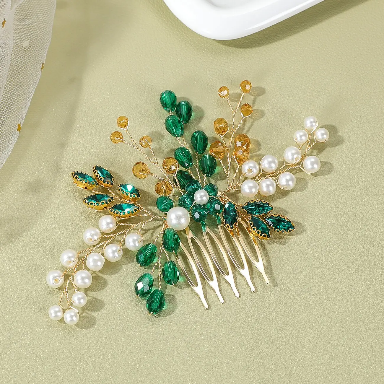 Bride Hairpins Tiaras Rhinestone Green Hair Combs For Women Fashion Beaded Golden Leaf Side Pins Bride Wedding Heapdiece Jewelry