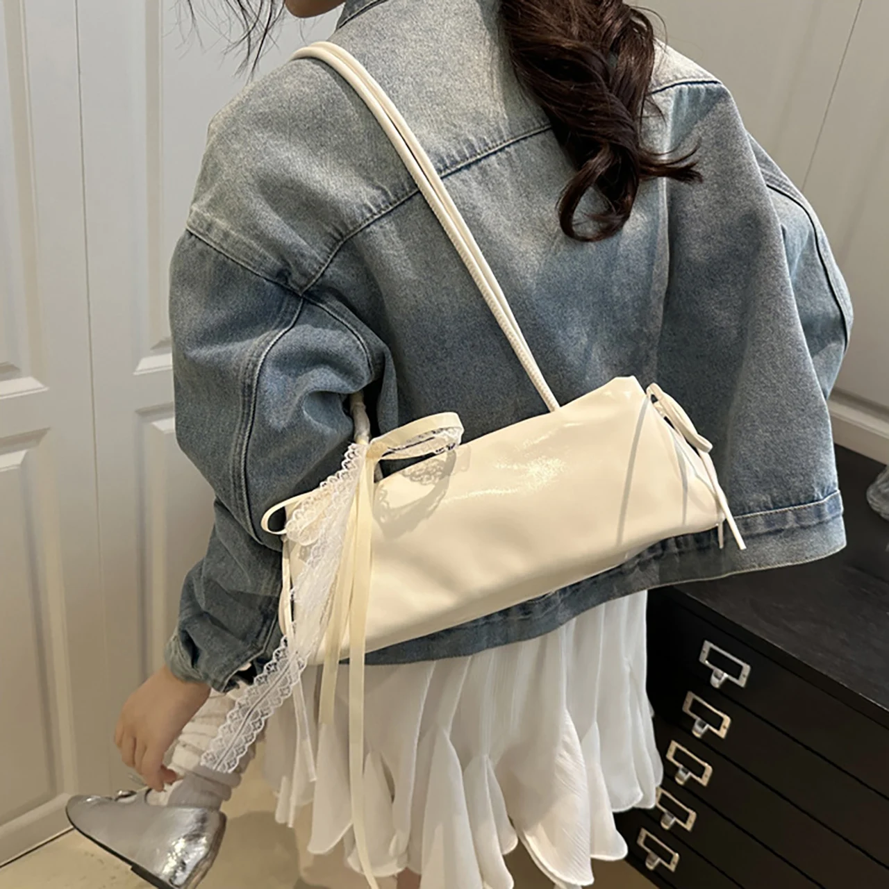 Lace Bow Square Underarm Bag Fashion Women Shoulder Bags Niche Minimalist Ballet-Style Handbags Keys Phone Korean Girl Tote Bags