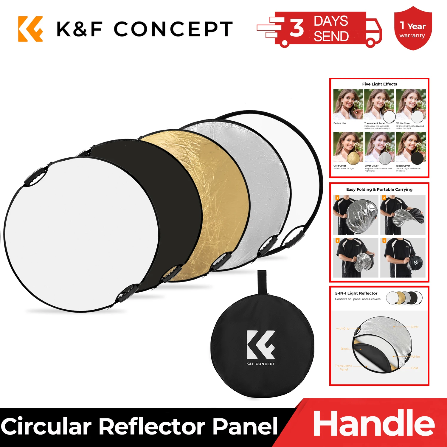 K&F CONCEPT 60-110mm 5-in-1 Circular Reflector with Handle Gold Silver Black White Translucent Soft Light Panel Portrait Outdoor