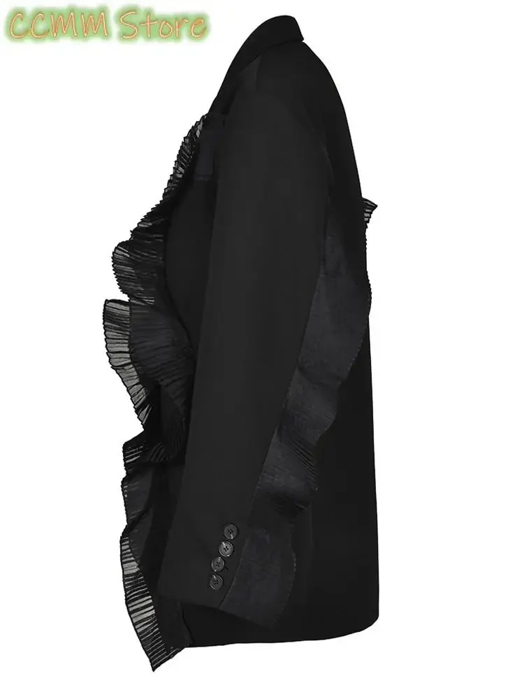 Women Black Ruffles Elegant Big Size Blazer Lapel Long Sleeve Loose Fit Jacket Fashion Spring Autumn