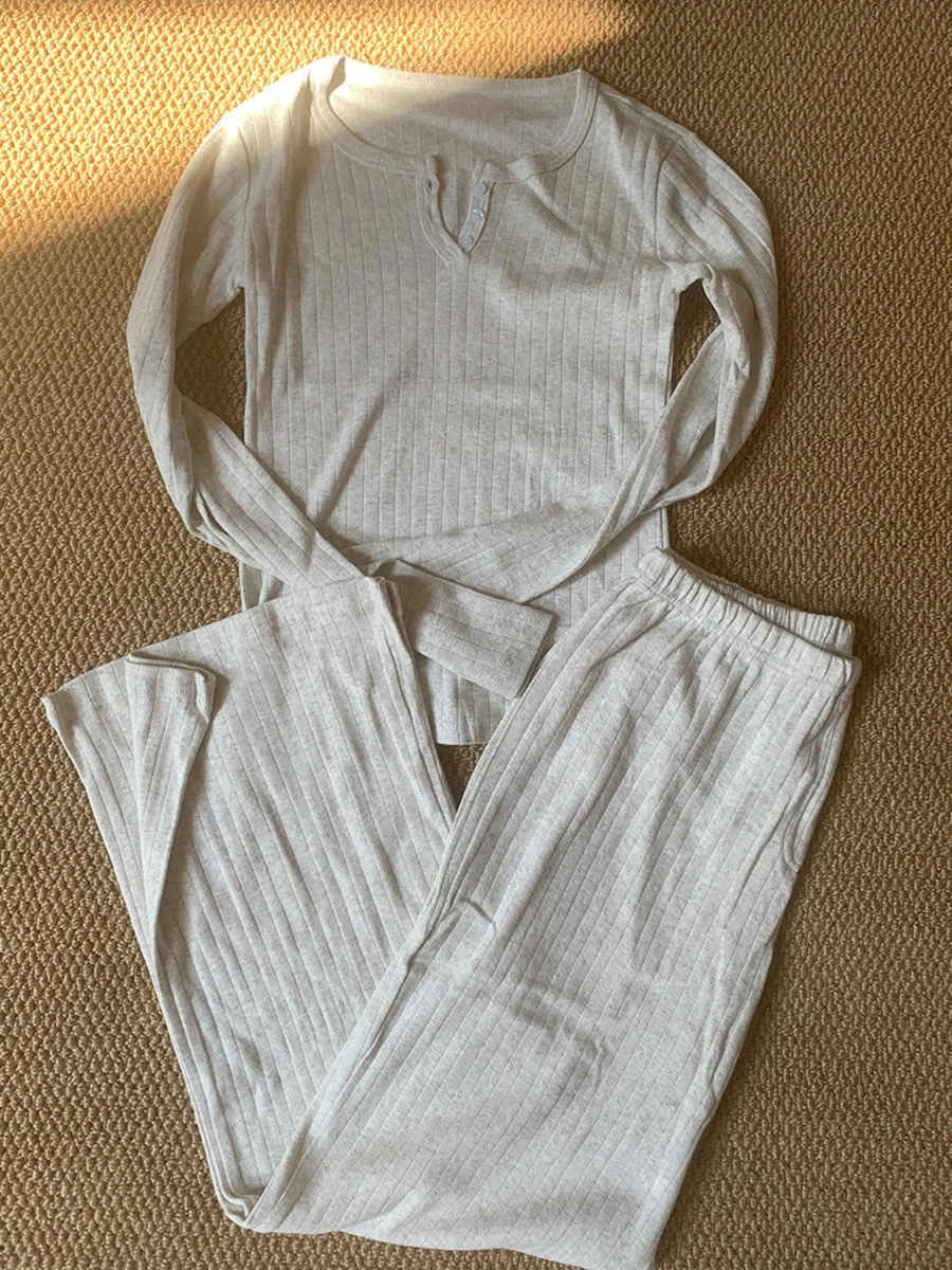 Light Grey Eyelet T-shirt Pant Pajama Set Woman Buttons Long Sleeve Tee+Elastic Waist Straight Trousers Cotton Home 2 Piece Sets