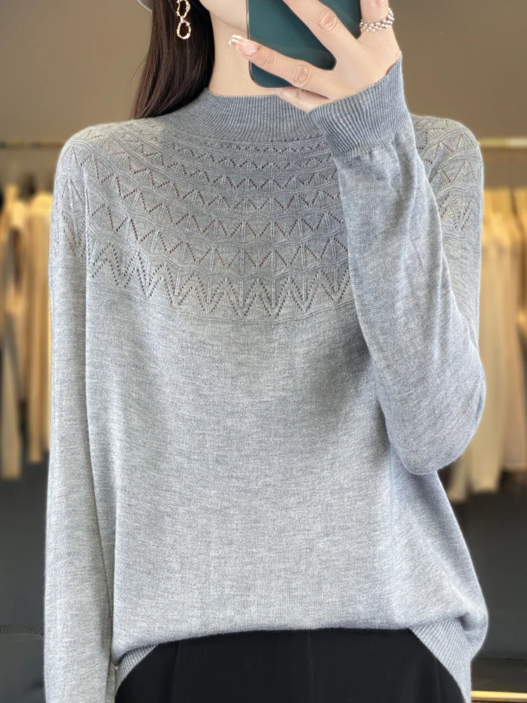 Spring and Autumn New Fine Imitation Woolen Sweater Women\'s O-neck Knitted Pullover Hollow Fashion Slim Fit Versatile Top