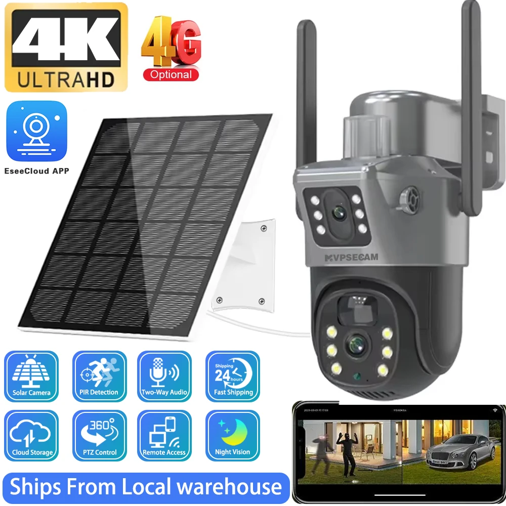 4K 8MP 10X Zoom Dual Screen Solar PTZ IP Camera Outdoor 4G SIM Card Dual Lens Human Auto Tracking Security Cameras EseeCloud App