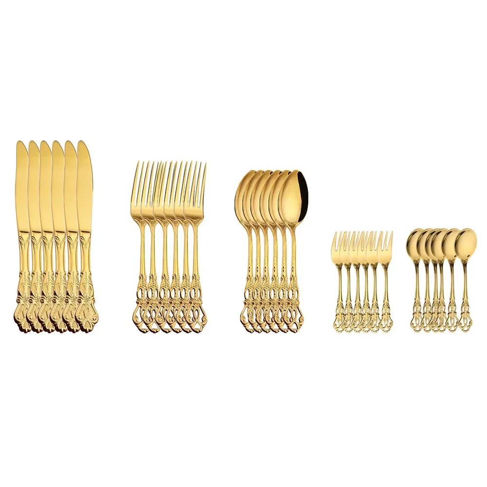 30pcs Stainless Steel Cutlery Set Gold Dinnerware Western Tableware Christmas Knives Coffee Spoons Fruit Forks Dishwasher Safe