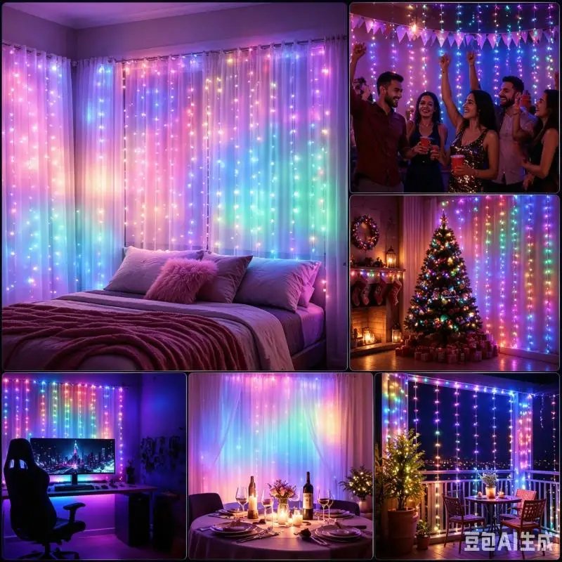 DIY Pattern Curtain Lights, Smart RGB LED String Lights with App Remote Music Sync Timer for Christmas Party Decoration