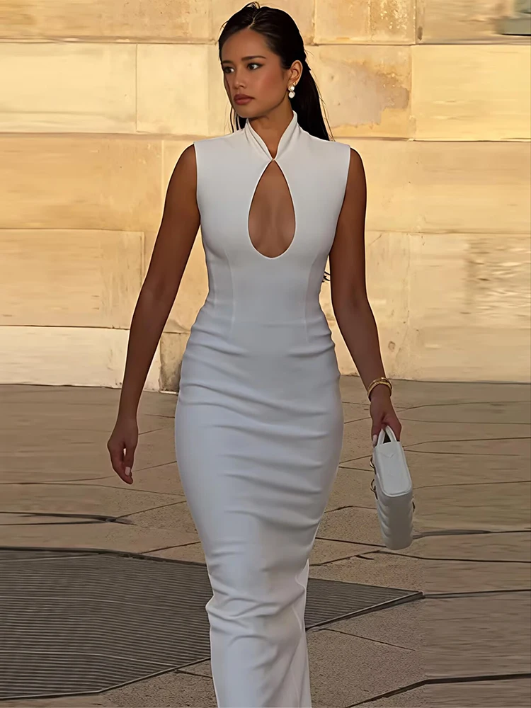 Women Gown Elegant Cut Out Turtleneck Bodycon  Party Long Dresses Female Hollow Out Sleeveless Sexy Maxi Dress