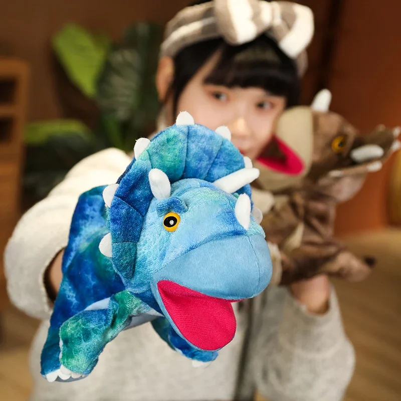

25cm Dinosaur Plush Puppet Triceratops Cartoon Animal Plushie Small Three Colors Prop Tell Story Interactive Gift