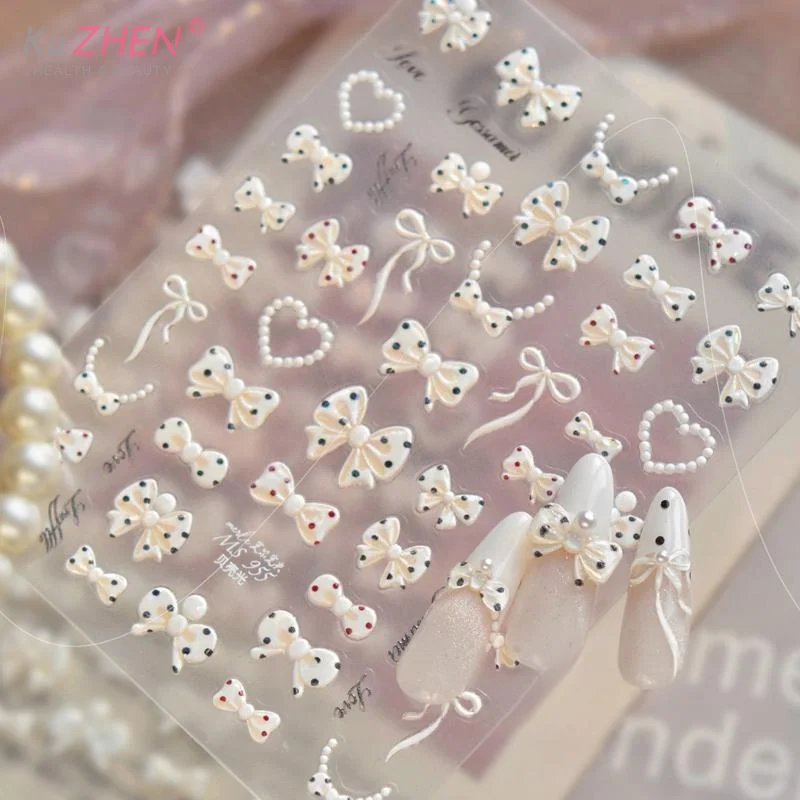 French Polka Dot Bowknot Nail Stickers 5D Bow Pearl Heart Nail Decals Self Adhesive DIY Manicure Colorful Nail Art Accessories