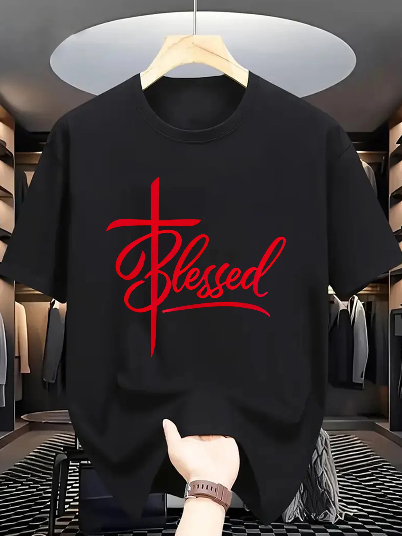 Religiou Men Short Sleeve Tshirt Blessed Script Word Christian Cross Symbol Print O Neck Tee Faith Style Male Casual Fashion Top