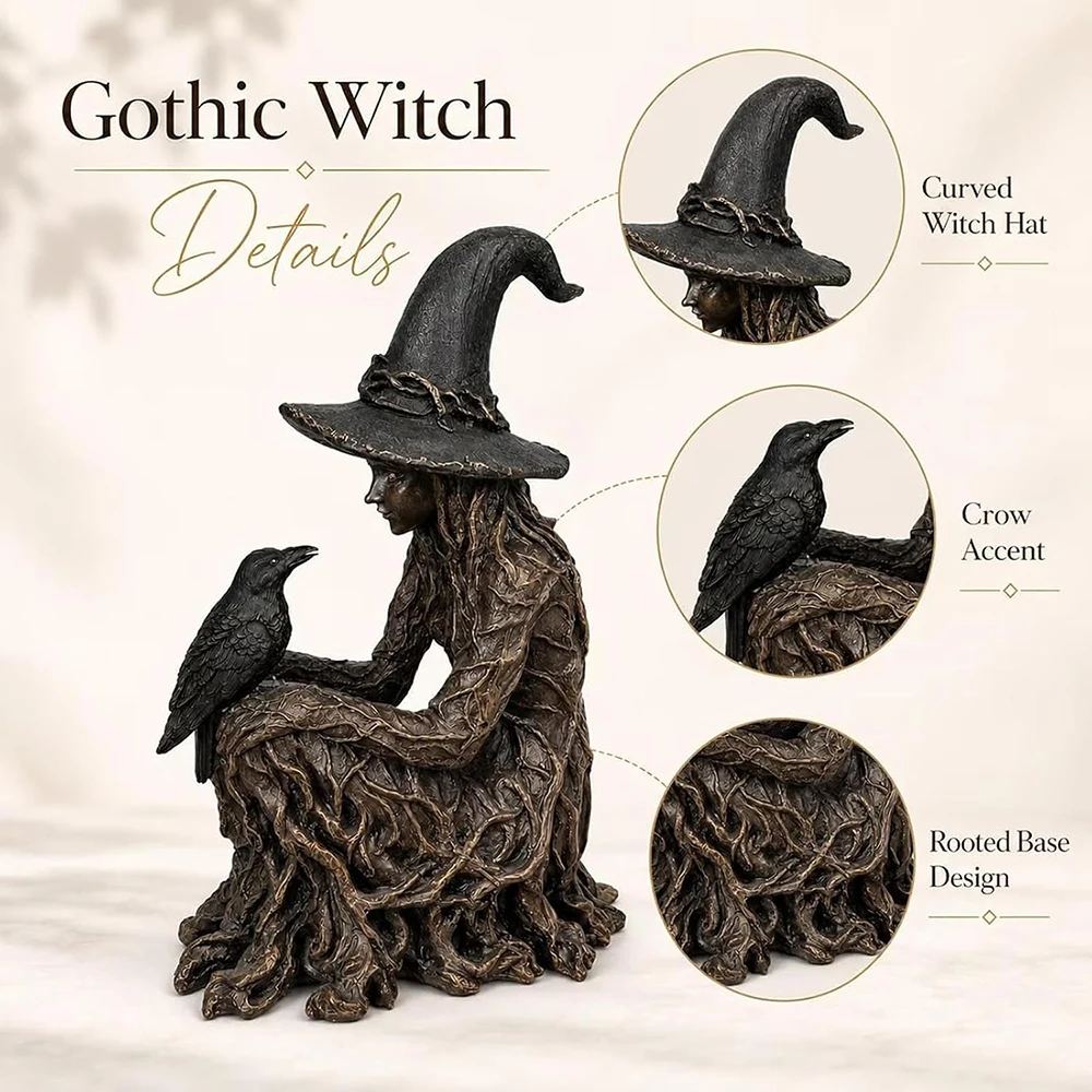 Vintage Gothic Witch Figurine with Raven 7.87 Inch Resin Halloween Sculpture Weathered Antique Style Statue Spooky Home Ornament