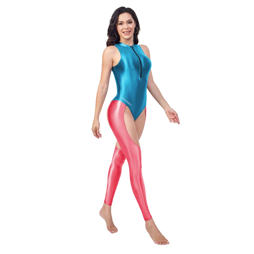AMORESY Freya-Women's Sexy Jumpsuits, Shiny Bodysuit, One-Piece Sleeveless Leotard, Front Zipper, Hollow Out Overall
