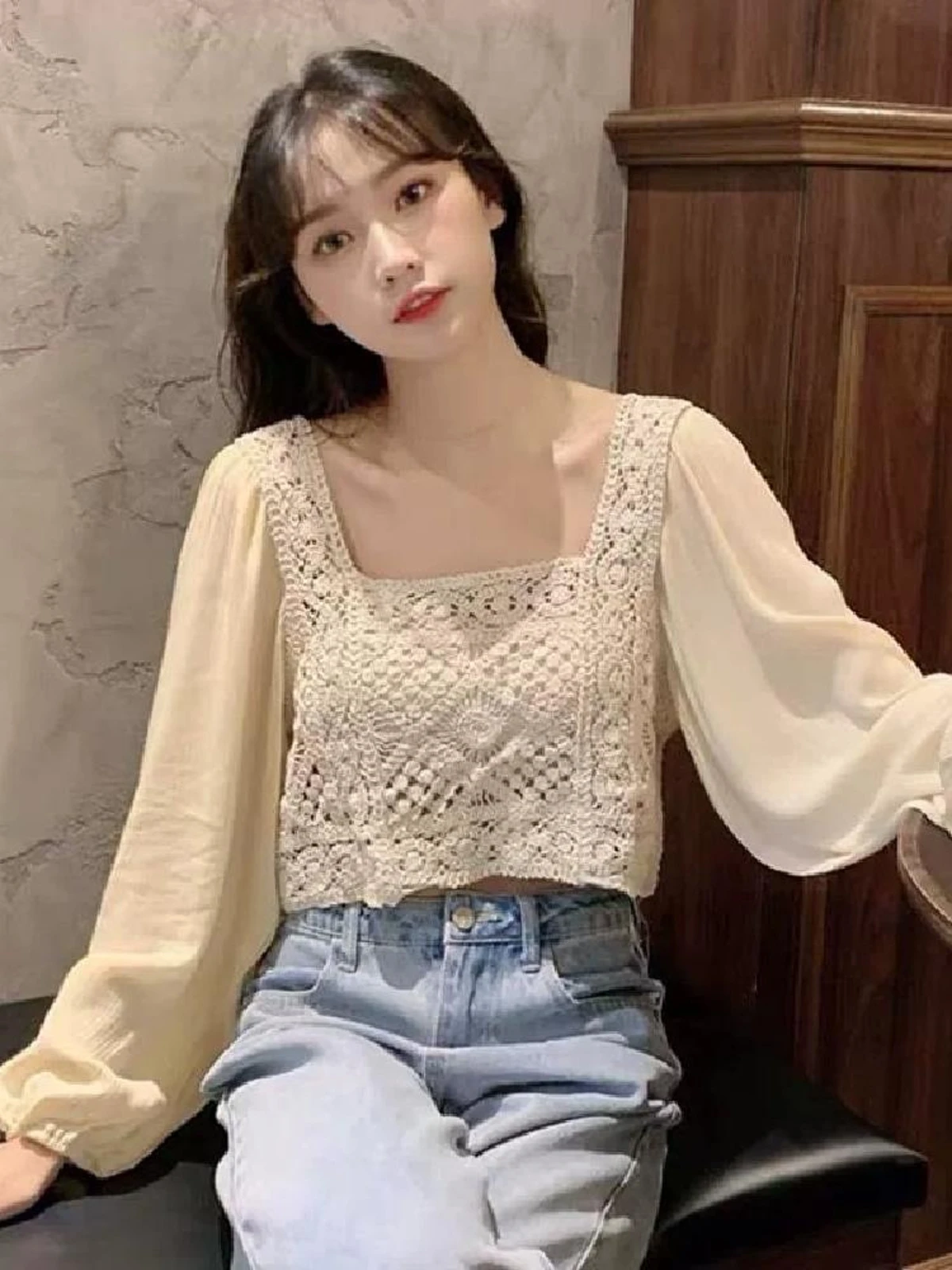 

Белый кружевной шифоновый топ, женский топ Super Fairy, ранняя осень, новинка Slim ort Long Sve Belly Button Bubbles Long Sve irt