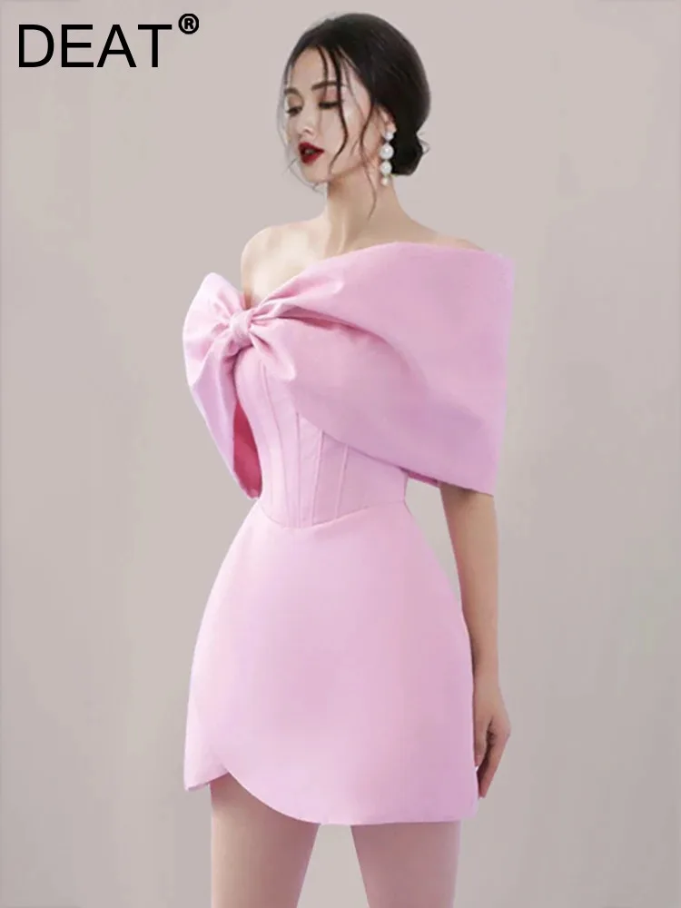 DEAT Elegant Dress Strapless Off Shoulder Asymmetric Big Bow Pink Women\'s Elegant Mini Dress 2024 Spring New Fashion 13DB3186