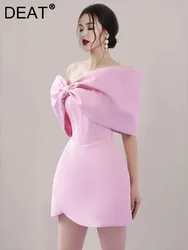 DEAT Elegant Dress Strapless Off Shoulder Asymmetric Big Bow Pink Women's Elegant Mini Dress 2024 Spring New Fashion 13DB3186