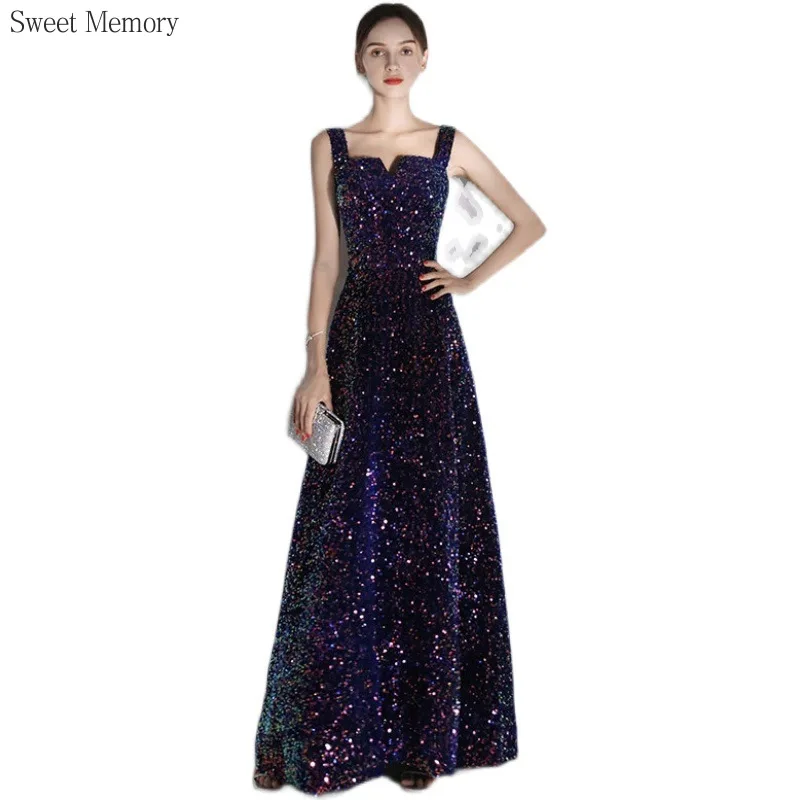 N1155 بنات بريق السباغيتي حزام فساتين السهرة النساء ساحة طوق الملابس الحلو الذاكرة الطابق طول بلا أكمام فستان حفلة موسيقية