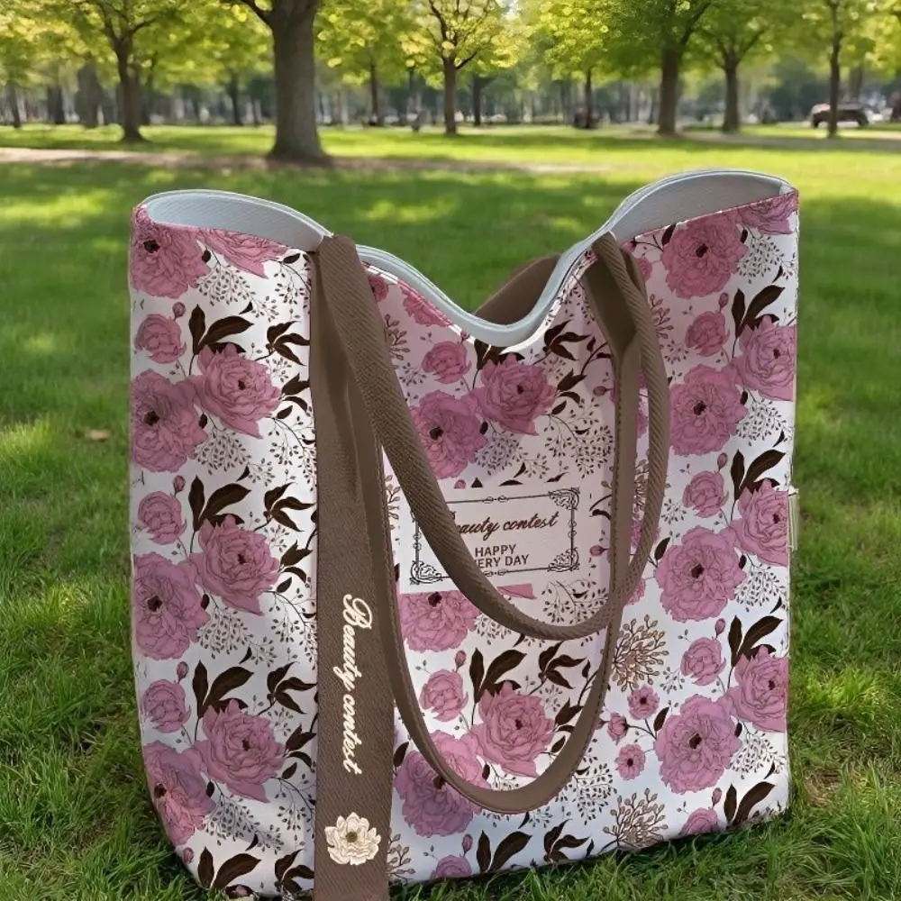 Durable Floral Canvas Bag Large Capacity Lightweight Shoulder Bag Reusable Versatile Tote Bag Women's Accessories