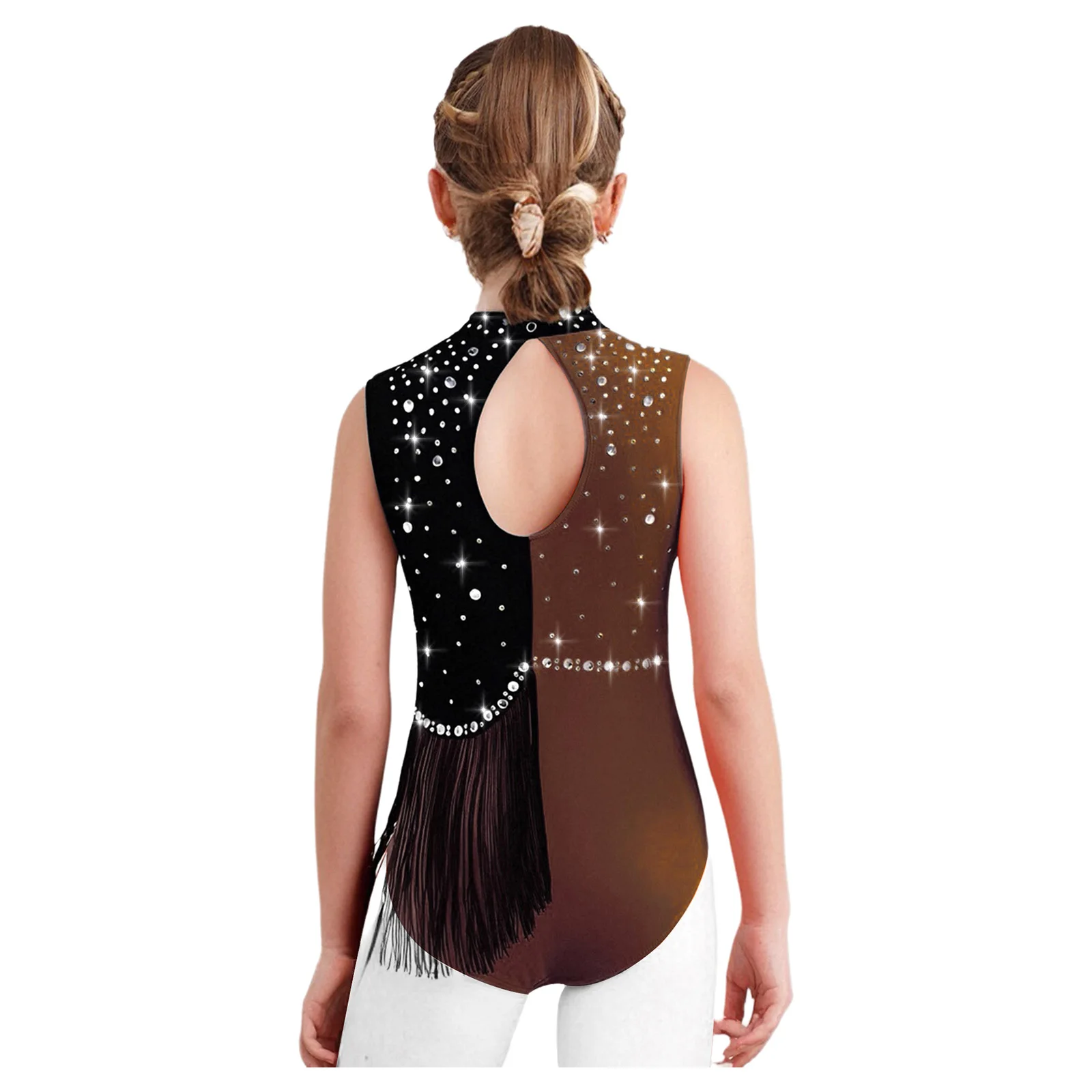Kids Girls Color Block Ballet Dance Dress Rhythmic Gymnastics Leotard Lyrical Modern Costume Shiny Rhinestones Tassels Bodysuit